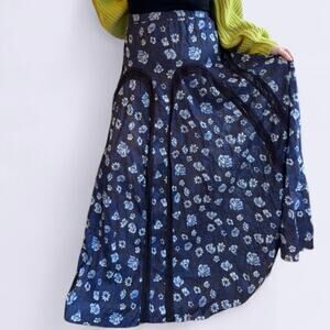 Free People long blue western boho maxi skirt floral and raw hem